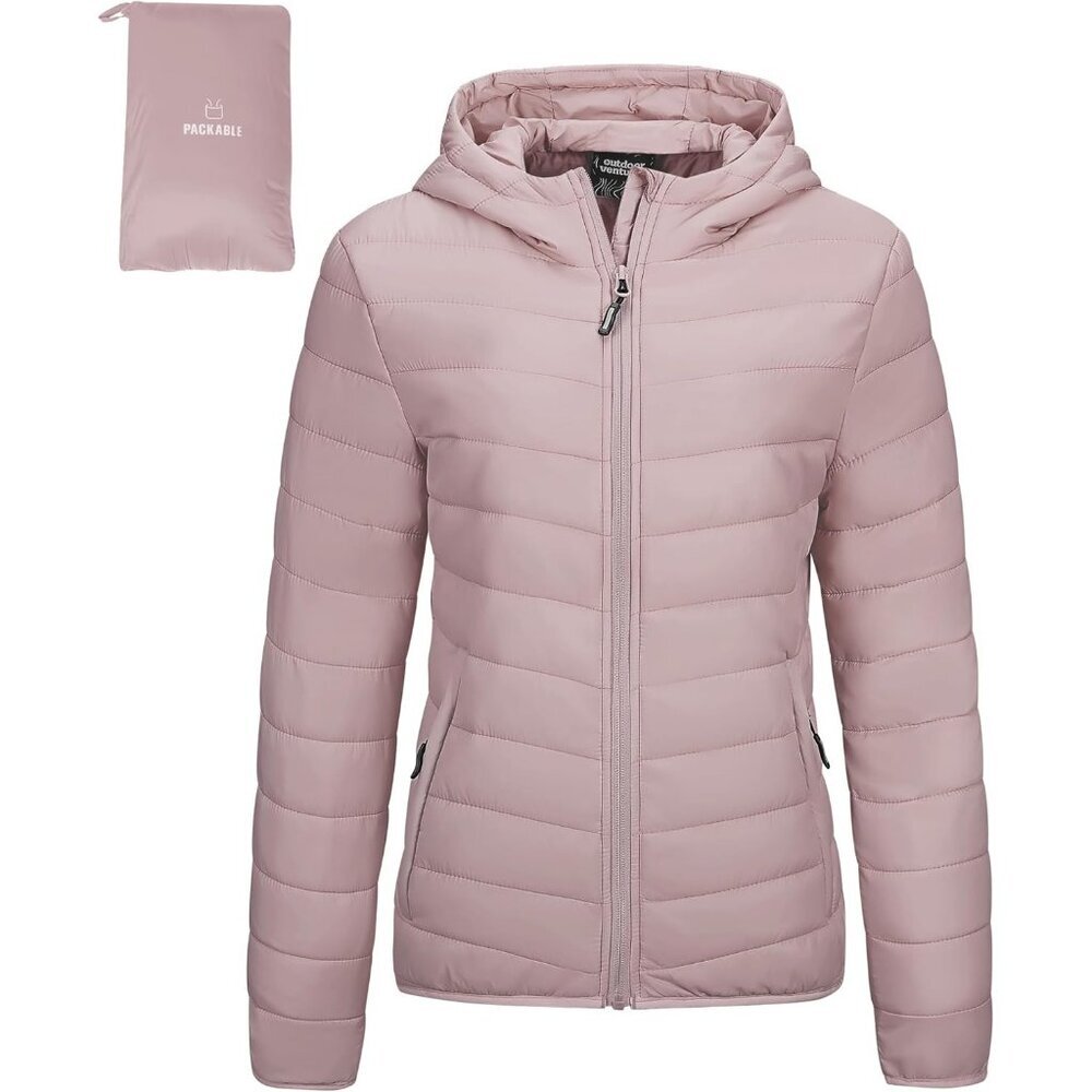 Women's Pale Rosy Full Zip Up Puffer Hood Quilted Jacket Lightweight Coat